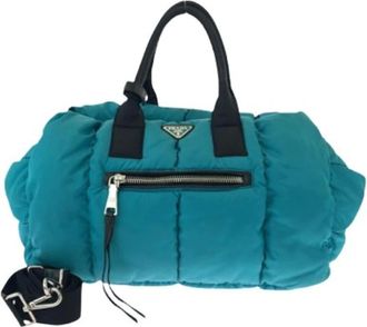 Prada Pre-owned Weekend Bags, female, Blue, Size: ONE SIZE Pre-owned Nylon Tessuto Bomber Logo Tote