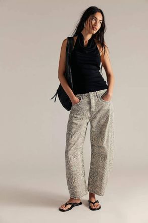 Free People Good Luck Printed Mid Rise Barrel Jeans In Snake Combo