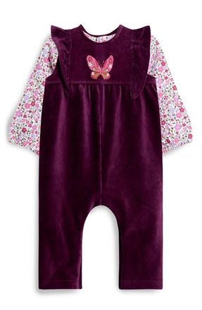 JoJo Maman B&eacute;b&eacute; Butterfly Cotton T-Shirt & Velour Overalls Set in Plum at Nordstrom, Size 12-18M