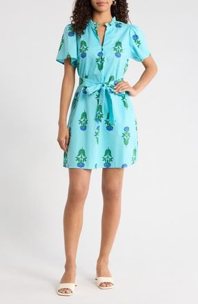 Sugarlips Amena Floral Ema Belted Cotton Dress in Blue-Greens-Multi at Nordstrom, Size X-Large