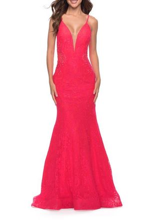 La Femme Long Mermaid Lace Dress with Back Rhinestone Detail in Hot Coral at Nordstrom, Size 00