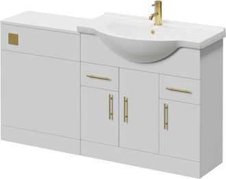 Alexander James Alexander James Cento Gloss White 1450mm 3 Door Vanity Unit Toilet Suite - 1450mm - Brushed Brass 96mm Bar HandleWithout James Toilet Pan