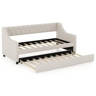 Costway Costway Linen Upholstered Daybed Single Size Trundle Bed Sofa Bed Frame in Beige