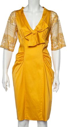 Moschino Yellow Cotton And Lace Sleeve Bow Detail Midi Dress