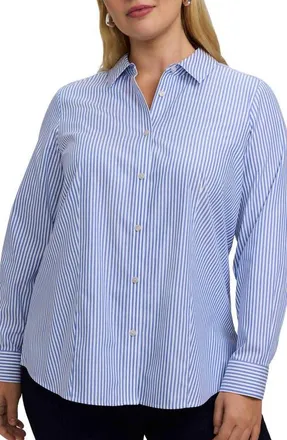 Foxcroft Dianna Stripe Cotton Button-Up Shirt in Powder Blue/white at Nordstrom, Size 18W