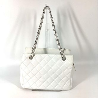 Chanel Matelasse Silver White Caviar Leather Shoulder Bag Tote Bag (Pre-Owned)
