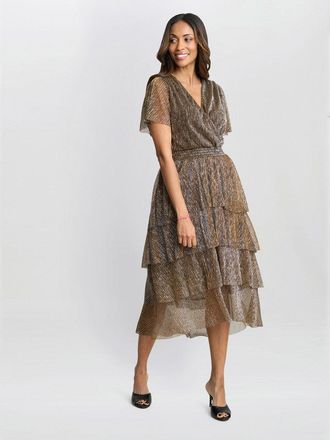 Gina Bacconi Womens Cheri Metallic Knit Tiered Dress - Black/Gold - Size 14 UK