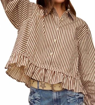 Lovlov Striped Raglan Puff Sleeve Shirt In Cream/burgundy