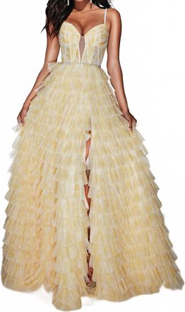 Alyce Paris Long Plunging Neckline Ruffled A-Line Gown In Buttercup