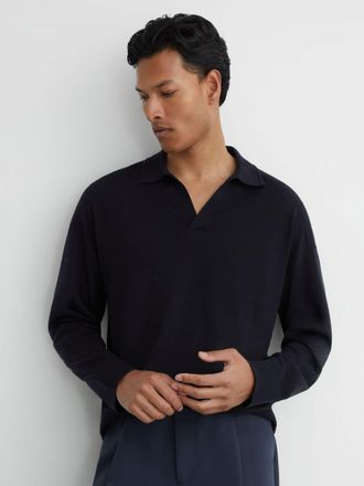 Reiss Navy Merino Wool Open-collar Polo Jumper, Xxl