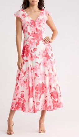 Wayf Ruffle Godet Midi Dress in Ivory Hibiscus at Nordstrom Rack, Size X-Small
