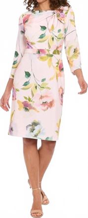 London Times Floral Print Bow Neck Sheath Dress In Creme Blue