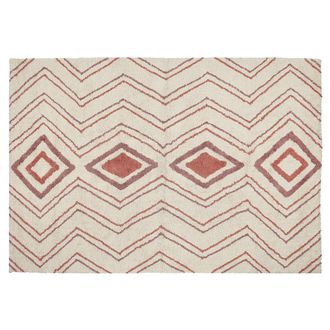 Beliani Alfombra De Algod&oacute;n Beige Rosa Rojo 140 X 200 Cm Hecho A Mano Geom&eacute;trico Kastamonu