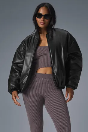 Alo | Faux Leather Premier Bomber Jacket in Black, Size: Medium