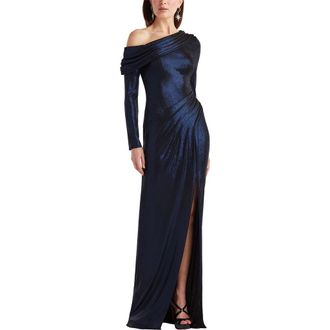 Tadashi Shoji Metallic One-Shoulder Long Sleeve Gown in Royal Navy at Nordstrom, Size X-Small