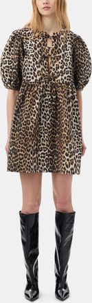 Ganni Mixed Leopard Printed Cotton Tie String Mini Dress - Size 32 Organic
