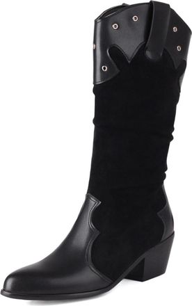 Generic Womens Slouch Cowboy Boots Two-Tone Suede-Like Fabric Pointed Toe Block Heels Metal Stud Detail Pull Tab Stylish Durable Design,Black,6.5 UK