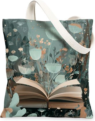 Generic Floral Canvas Tote Bags, Nature Plant Pattern Reusable Grocery Bags, Spring Vintage Lightweight Washable Shoulder Strap for, Green, 13x15 Inch