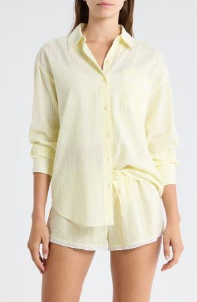 Open Edit Eyelet Trim Seersucker Cotton Pajama Top in White- Yellow Hickory Stripe at Nordstrom, Size X-Small