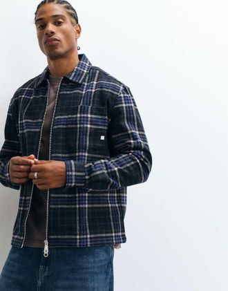 Farah Asher felpa in pile con zip, logo e motivo a quadri navy-blu navy