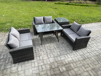 Fimous 6 Seater Rattan Wicker Garden Furniture Patio Conservatory Sofa Set with Rectangular Dining Table Love Seat Sofa in Dark Grey