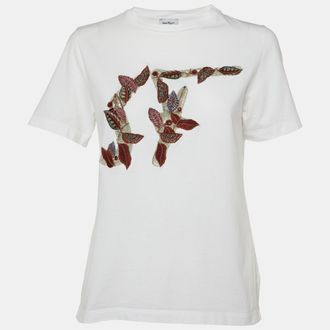 Ferragamo White Logo Embroidered Cotton Crewneck T-Shirt