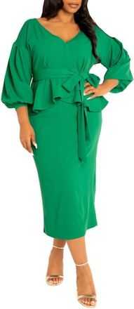 Buxom Couture Convertible Shoulder Belted Peplum Midi Dress in Green at Nordstrom, Size 0X
