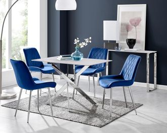 Furniturebox Leonardo White Glass Marble Effect Silver Leg Table & 4 Pesaro Silver Chairs in Navy