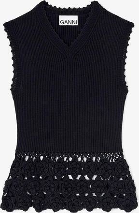 Ganni Black Vest in Cotton Crochet - Size XXS Organic
