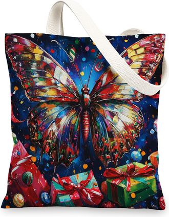 Generic Happy Christmas Butterflies Canvas Tote Bag for Shopping 13x15, Kid Fun Xmas Insects Reusable Grocery Print Pattern Bag for Women, Holiday New Year Be