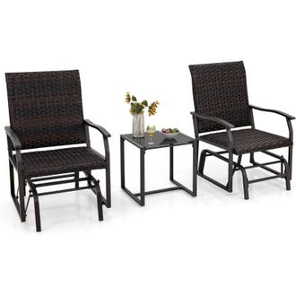 Costway Set di 3 Pezzi Mobili in pe Rattan, Set di 2 Sedie a Dondolo con Tavolino da Caff&egrave; in Vetro Temperato, Set di Sedie e Tavolino da Esterno per