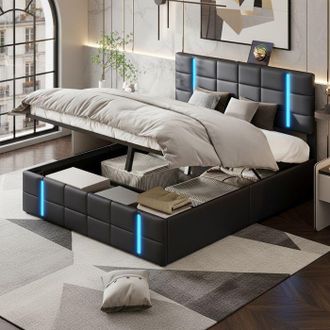 OEM Cama Lit 160x200 Led Negra - Cabecera Con Bandas Led Y 2 Puertos Usb, Somier De Lamas Incluido