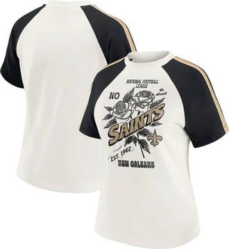 WEAR by Erin Andrews Womens WEAR by Erin Andrews White New Orleans Saints Sleeve Stripe Distressed Raglan T-Shirt at Nordstrom, Size Xx-Large