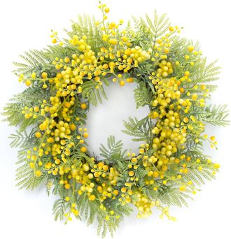 Melrose International Fern and Mimosa Wreath 27D - Green, Yellow
