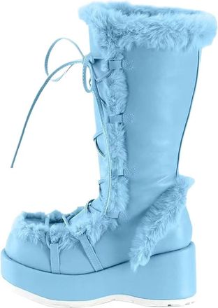 Generic Round Toe Sloping Heel Lace Up Snow Boots Hairy Lace Up Thick Heel High Gothic Thick Soled Boots(Blue,US12)