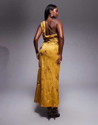 Asos Vestito al polpaccio monospalla color ocra ricamato con dettaglio raccolto e drappeggiato-Giallo