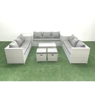 Fimous Rattan Garden Outdoor Furniture Set 11 Seater Garden Sofa Coffee Table Set with 2 Small Footstool Side Table Light Grey Mixed - Fimous