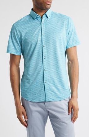 Mizzen+Main Halyard Trim Fit Geo Print Short Sleeve Button-Up Shirt in Teal Diamond Mirage at Nordstrom, Size Xx-Large