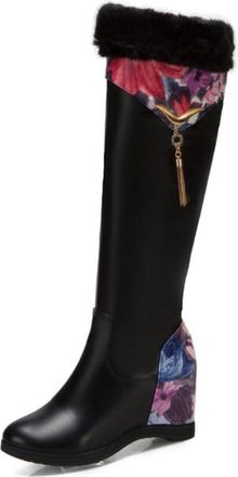 Generic Womens Floral Print Knee High Boots Faux Fur Trim Wedge Heel Tassel Decor Cushioned Insole Non-Slip Outsole Daily Party Evening Shoes,Black,4.5 UK