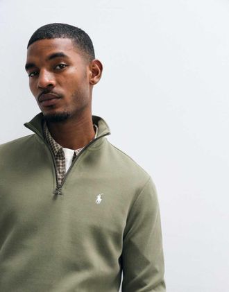 Polo Ralph Lauren felpa in jersey double knit con logo icon e mezza zip color khaki-Verde