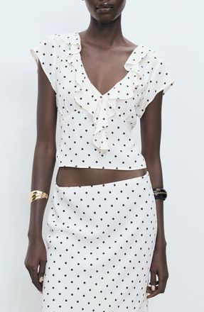 Mango Kendal Ruffle Crop Top in Off White at Nordstrom, Size 10