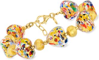 Ross-Simons Italian Multicolored Murano Glass Heart-Shaped Bead Bracelet With 18kt Gold Over Sterling