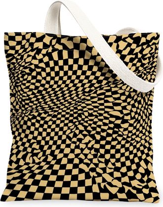 Generic Abstract Checkered Canvas Tote Bag, Stylish Lightweight Reusable Grocery Bags, Funky Black and Beige Pattern Washable Shoul, Black, 13x15 Inch