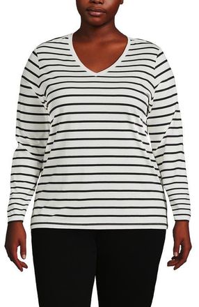 Lands End Supima Cotton Long Sleeve V-Neck T-Shirt in Ivory/black Breton Stripe at Nordstrom, Size 1X