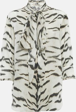 Roberto Cavalli White/black Zebra Print Silk Bow Detail Shirt