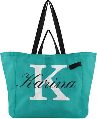 Generic Custom Teal Green print Reusable Canvas Tote Bag, Heavy Duty Grocery Shopping Bag with Hard Bottom Large Capacity Double Handles Work Groceries Travel