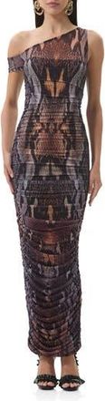 AFRM Biona Printed One-Shoulder Ruched Mesh Maxi Dress in Placed Umber Snake at Nordstrom Rack, Size X-Small