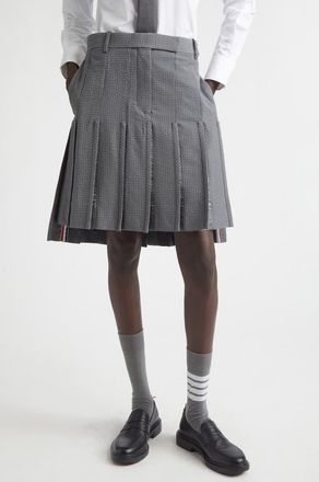 Thom Browne Pleated Low Rise Wool Seersucker Skirt in Light Grey at Nordstrom, Size 4 Us