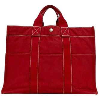 Herm&egrave;s Red Color Cotton Canvas Tote Bag (Pre-Owned)