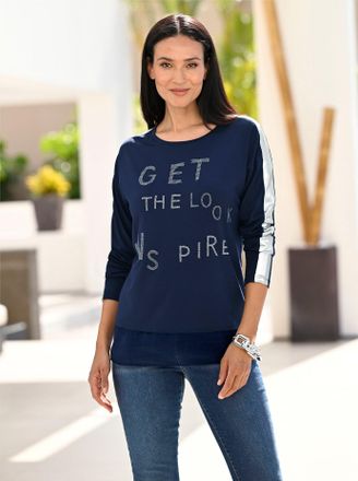 Heine Langarmshirt HEINE Shirt, Damen, Gr. 34, blau (marine), 95% Viskose, 5% Elasthan, gemustert, unifarben, Rundhals, Shirts Langarmshirt